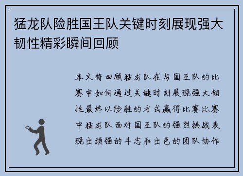 猛龙队险胜国王队关键时刻展现强大韧性精彩瞬间回顾