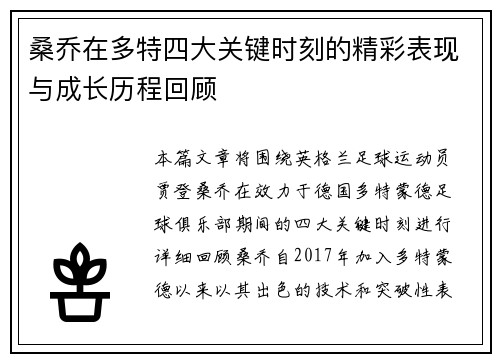 桑乔在多特四大关键时刻的精彩表现与成长历程回顾
